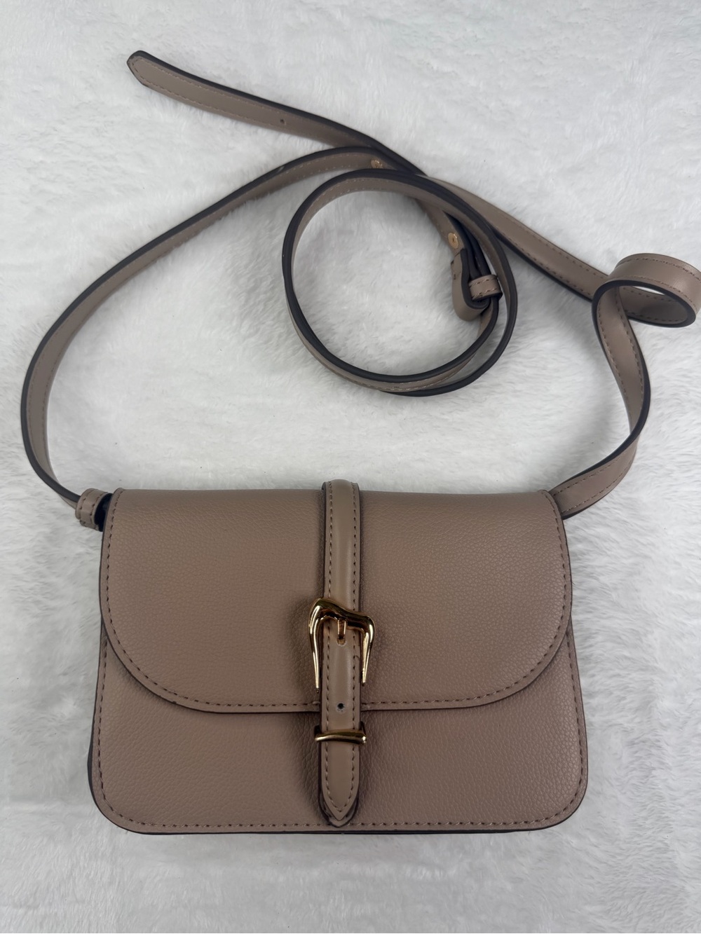 Anne Klein Taupe Crossbody Bag with Gold Buckle